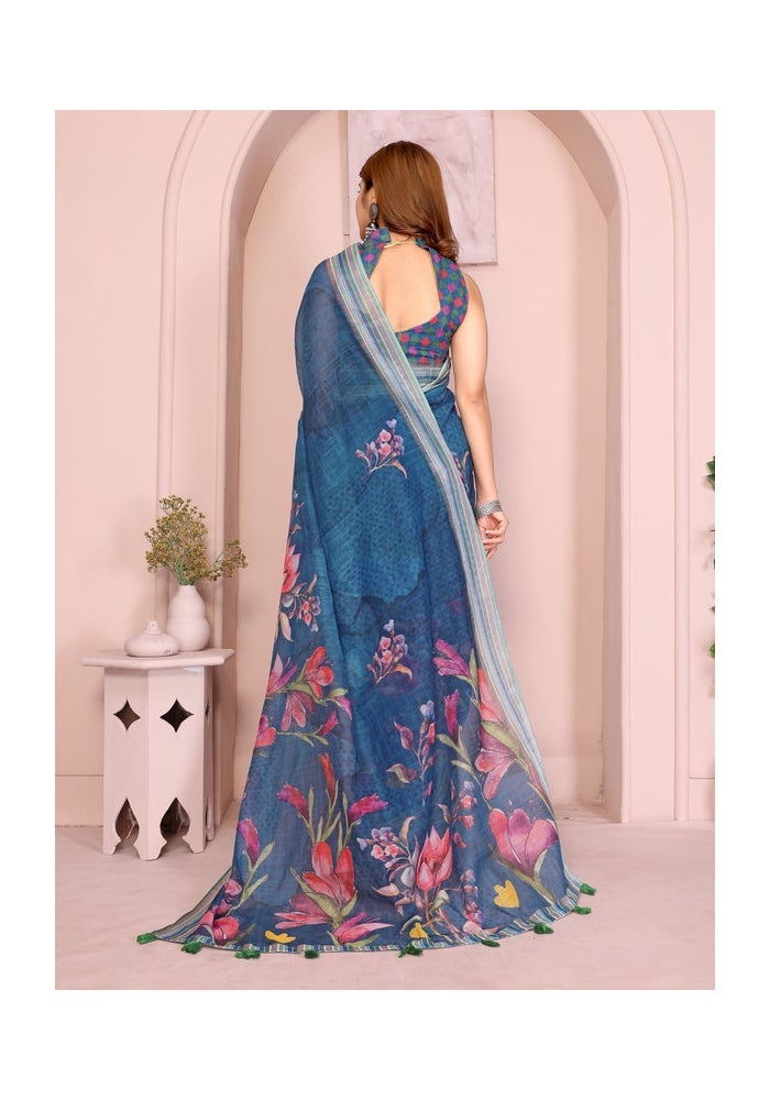 Malishka Export Floral Print Blue Saree for Women - Image 2